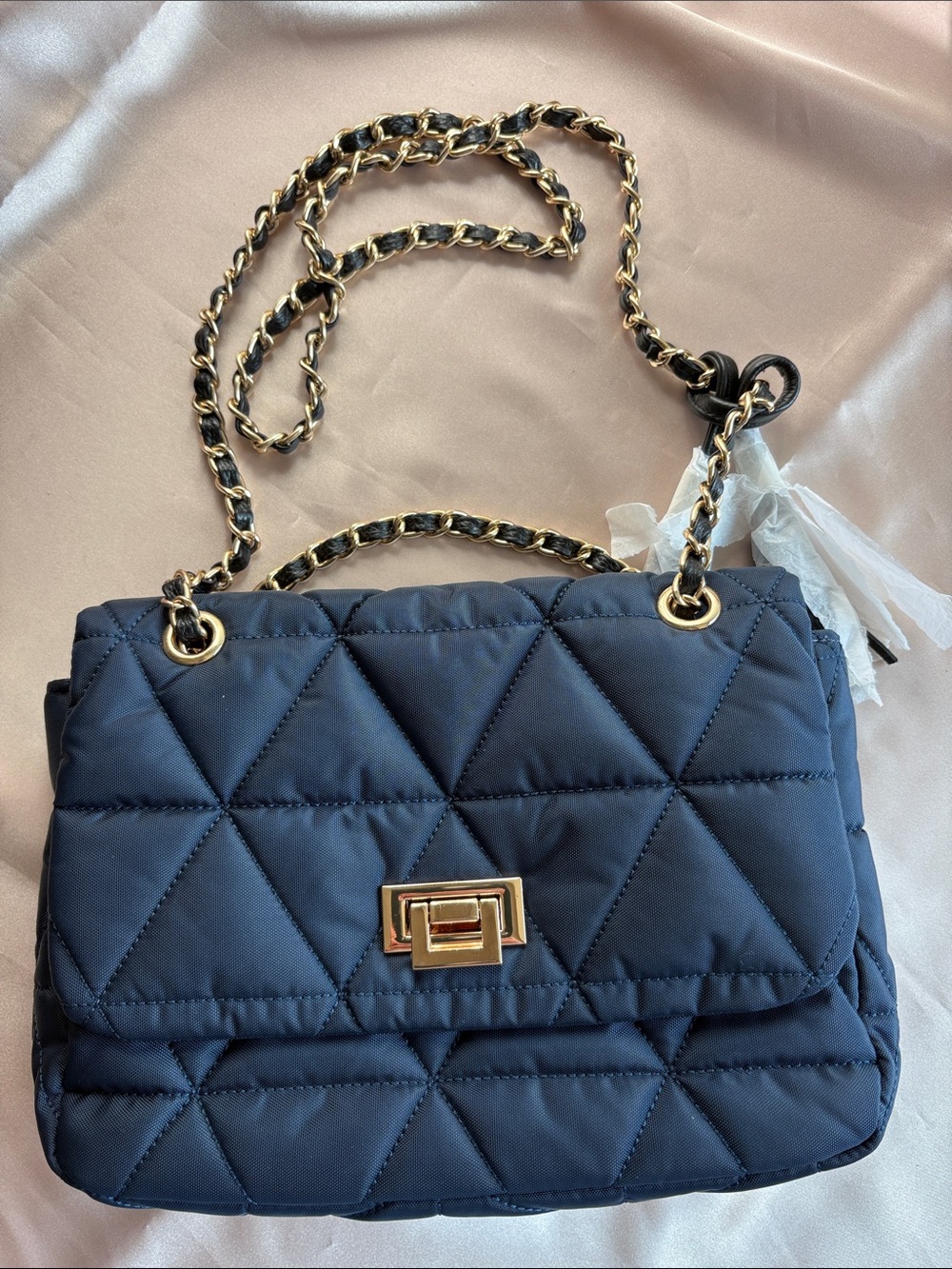 Classic Quilted Navy Shoulder Bag with Gold Chain